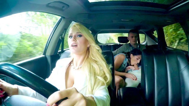 Jimena Lago gives him a sneaky blowjob as his stepmom Angel Wicky driving them - Porn Movies - 3Movs